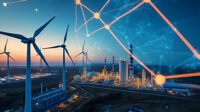 Wind turbines and industrial plant with glowing network lines against sunset sky showcasing renewable energy technology