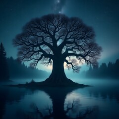 Mystical tree silhouette under starry night sky with reflective landscape