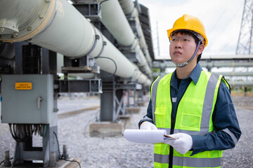 Engineer is working at power station wearing yellow helmet and reflective vest while inspecting...