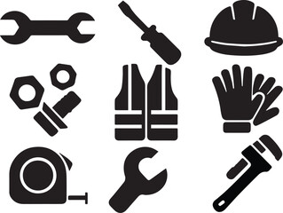 Construction Tools & Safety Icon Bundle – Wrench, Helmet, Gloves & More | EPS Vector Set