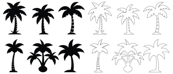 Palm tree silhouette collection with black and outline tropical