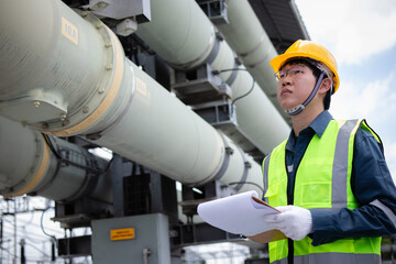 Engineer is working at power station inspecting large industrial pipes while holding documents and...