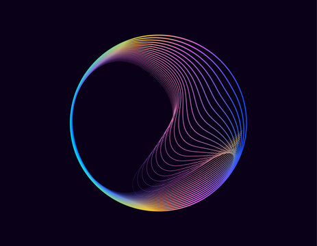 Abstract 3d sphere. Neon gradient curved waves in round shape. Bright spinning circular border. Vector colorful glowing circular tech frame	
