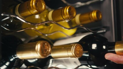 Storing bottles of wine in fridge, white and red wines in cooler. Alcoholic card in restaurant or at home storage, shop supermarket. Cooling and preserving wine and cava champagne..