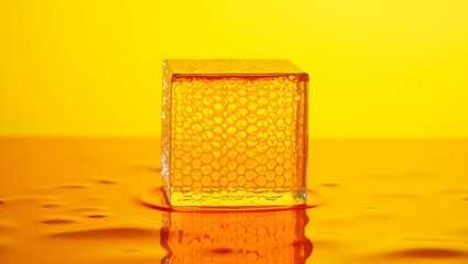 Bright Yellow Honeycomb Pattern with Water Droplets on Glass Surface