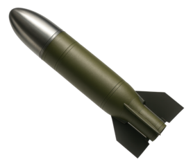 Military-style green rocket projectile with metallic tip and stabilizing fins on transparent background.