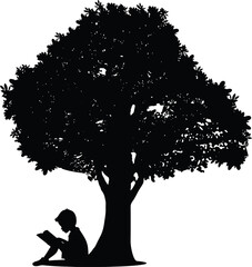 Silhouette of a Child Reading Book Under a Tree Vector Illustration