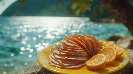 Sliced Honey Glazed Ham with Oranges near a Sparkling Ocean Beach