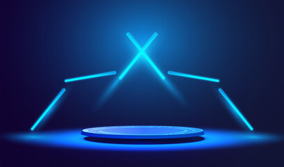 Ai podium with glowing neon lamps symbol X. Xtreme futuristic gaming design. Extra display scene illumination concept. Empty power show room with 3d stage vector background.