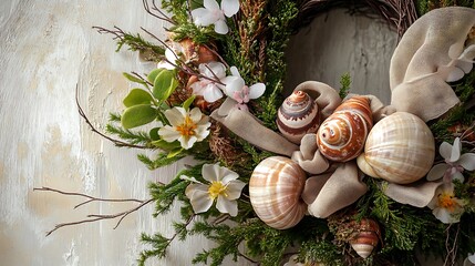 Elegant Seashell and Flower Wreath Spring Decor Nature Floral Arrangement
