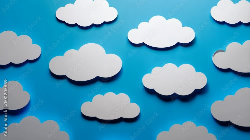 Poster clouds cut from white paper arranged against bright blue sky background creating a whimsical atmosph