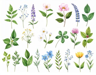 set herbs wild flowers hand drawn
