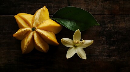 A vibrant star fruit rests on dark wood next to its delicate white blossom and lush green leaf, showcasing exotic fruit beauty.