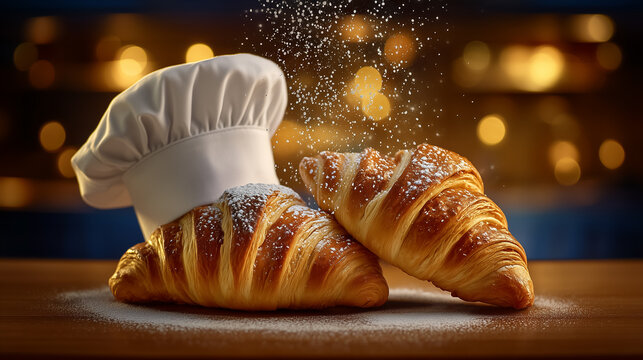 Bakery chef wearing white hat decorates warm croissants with powdered sugar. Cozy kitchen backdrop with warm lights creates inviting atmosphere. Concept of baking, culinary arts, artisan pastries