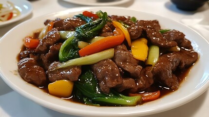 Delicious Beef Stir Fry with Colorful Vegetables Savory Asian Cuisine Restaurant Food Dish