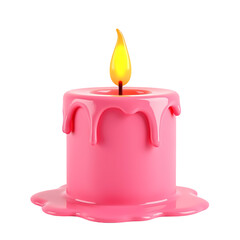 A pink candle with dripping wax and a bright yellow flame isolated on white background