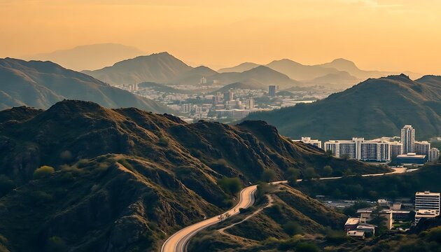 Scenic Mountain Road Leads to Cityscape, Bathed in Golden Hour Light.