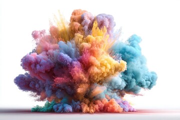 Obraz premium big explosion of distinct colorful powder shooting upward out of the top in dense vibrant smoke trails, isolated against white.