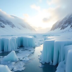 Cinematic Frozen Landscape with Dramatic Icy Steps and Soft Light