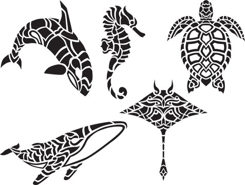 Tribal ocean marine animal art silhouette isolated set Hawaiian decor ornament vector illustration graphic design