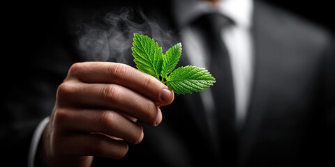 Business suit holding green leaf in front of smoke, eco friendly, sustainability, environment, nature, hand, formal