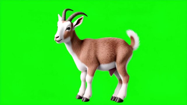 Animation goat on green screen background. Cute and adorable brown and white cartoon goat walking happily, simple animation in mp4 format with transparent background for your video footage chroma key