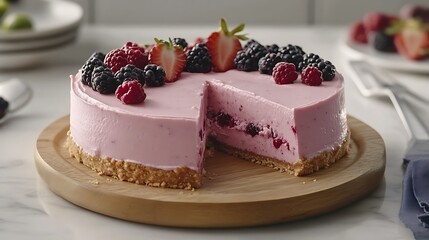 Delightful Pink Berry Cheesecake Dessert Recipe showcasing a creamy texture and fresh berry toppings on a rustic wooden board
