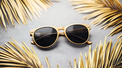 Stylish gold sunglasses rest on a gray surface adorned with golden palm leaves, evoking summer vibes and luxury fashion.