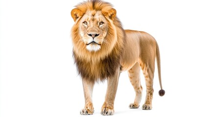 Obraz premium Majestic lion standing against white background. Possible use Educational materials, wildlife publications, or stock photography