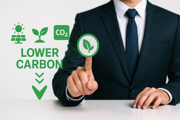 Fototapeta premium Businessman in suit points at green leaf icon, promoting lower carbon, renewable energy, and eco friendly solutions