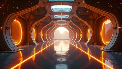 Futuristic Golden Neon Interior with Geometric Architecture Design