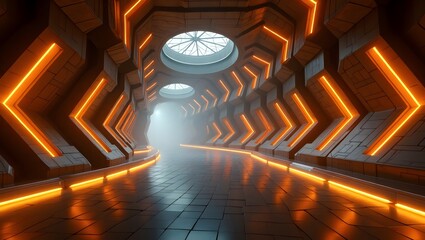 Futuristic Golden Neon Interior with Geometric Architecture Design