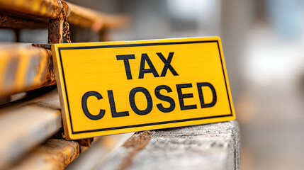 Tax closed sign yellow warning steel gate warehouse financial crisis business shutdown urban outdoor