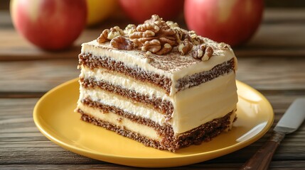 Delicious layered walnut cake dessert on yellow plate with apples background perfect for autumn recipes and sweet food photography