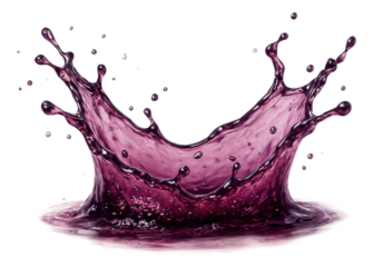 Dynamic splash of vibrant purple liquid with droplets captured mid-air on transparent background.
