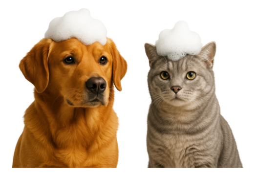 A dog and cat with soap suds on their heads sit side by side, showcasing a humorous pet grooming concept on transparent background.
