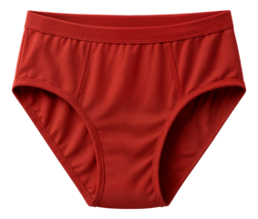 Red high-waisted women's bikini bottom with a sleek design on transparent background.