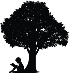 Silhouette of a Child Reading Book Under a Tree Vector Illustration
