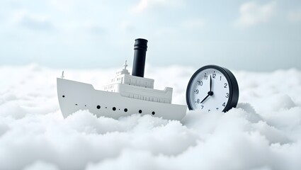 Surreal Foam Ocean with Model Ship and Floating Clock under Cloudy Sky