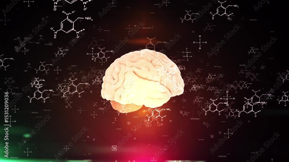 Aufkleber human brain with floating chemical formulas and scientific data visualization in a dark environment