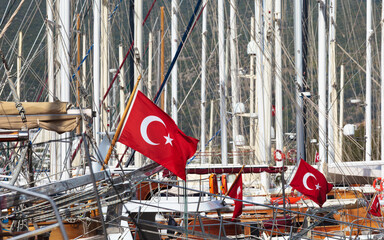 Numerous sailboats with red Turkish flags moored closely together in marina. Overcrowding of yachts highlights growing environmental pressure in Turkish coastal waters