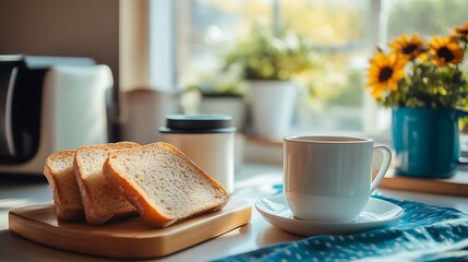 Enjoy a cozy morning with freshly toasted bread and a warm cup of tea near a sunlit window