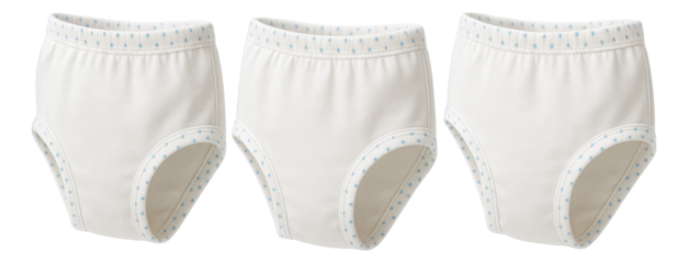 Set of three white cotton baby training pants with blue polka dot trim on transparent background.