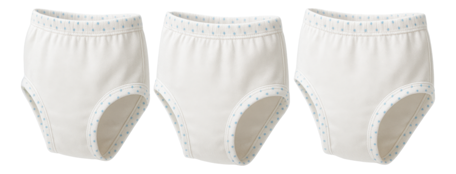 Set of three white cotton baby training pants with blue polka dot trim on transparent background. - Powered by Adobe