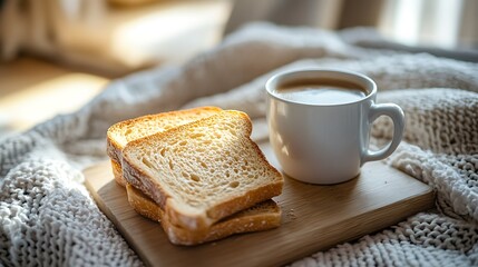 Cozy morning breakfast scene featuring toasted bread and coffee on a wooden tray nestled in a warm knit blanket