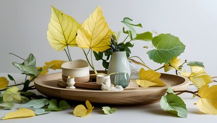 Minimal Organic Tabletop Composition with Ceramic, Glass, and Greenery