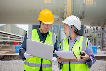 Engineer is working at power station wearing safety helmets and reflective vests while discussing...