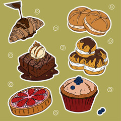 Sweet bakery goods set collections with various types of baking products and confectionery. Bakery shop and cafeteria restaurant decoration 