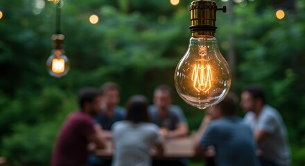 Glowing Ideas Illuminated Gathering, Friends Sharing Moments Under String Lights