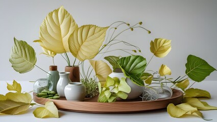 Minimal Organic Tabletop Composition with Ceramic, Glass, and Greenery